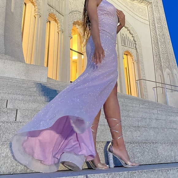 Prom Dress, Evening Gown, Sparkly Lilac Purple Dress with Slit, V-Neck - Picture 2 of 5